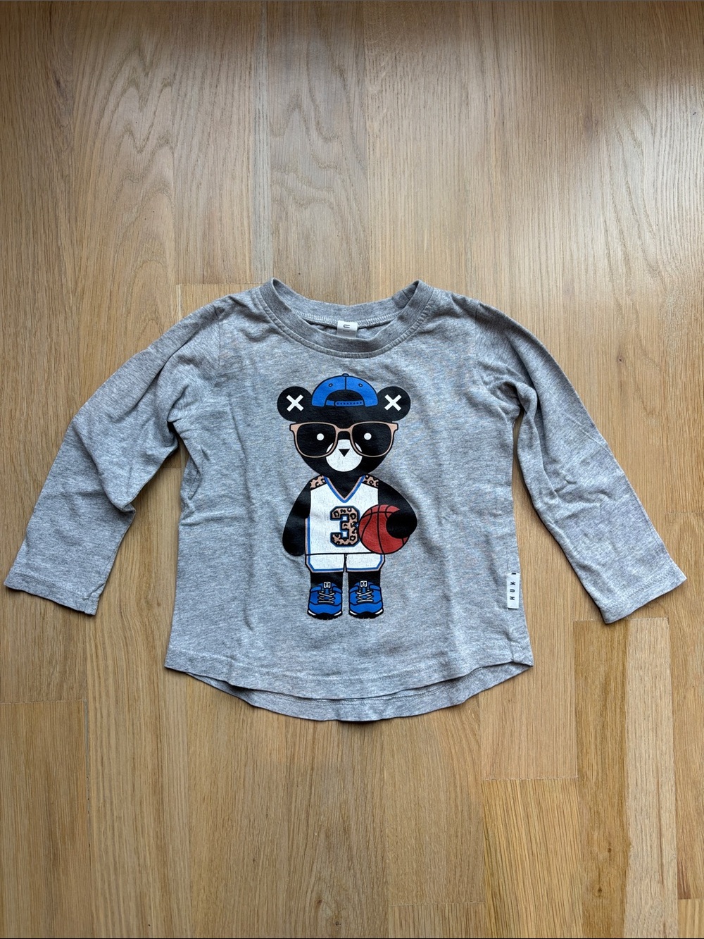 Huxbaby Grey Long Sleeve Tee with Bear Basketball Graphic and Blue Accents
